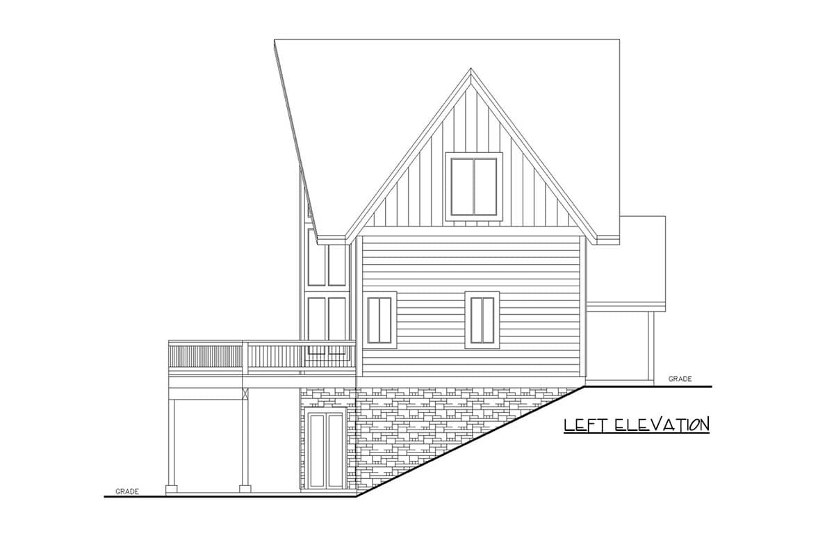 Left elevation drawing of a house plan with a large gable, horizontal siding, stacked stone foundation, and deck.