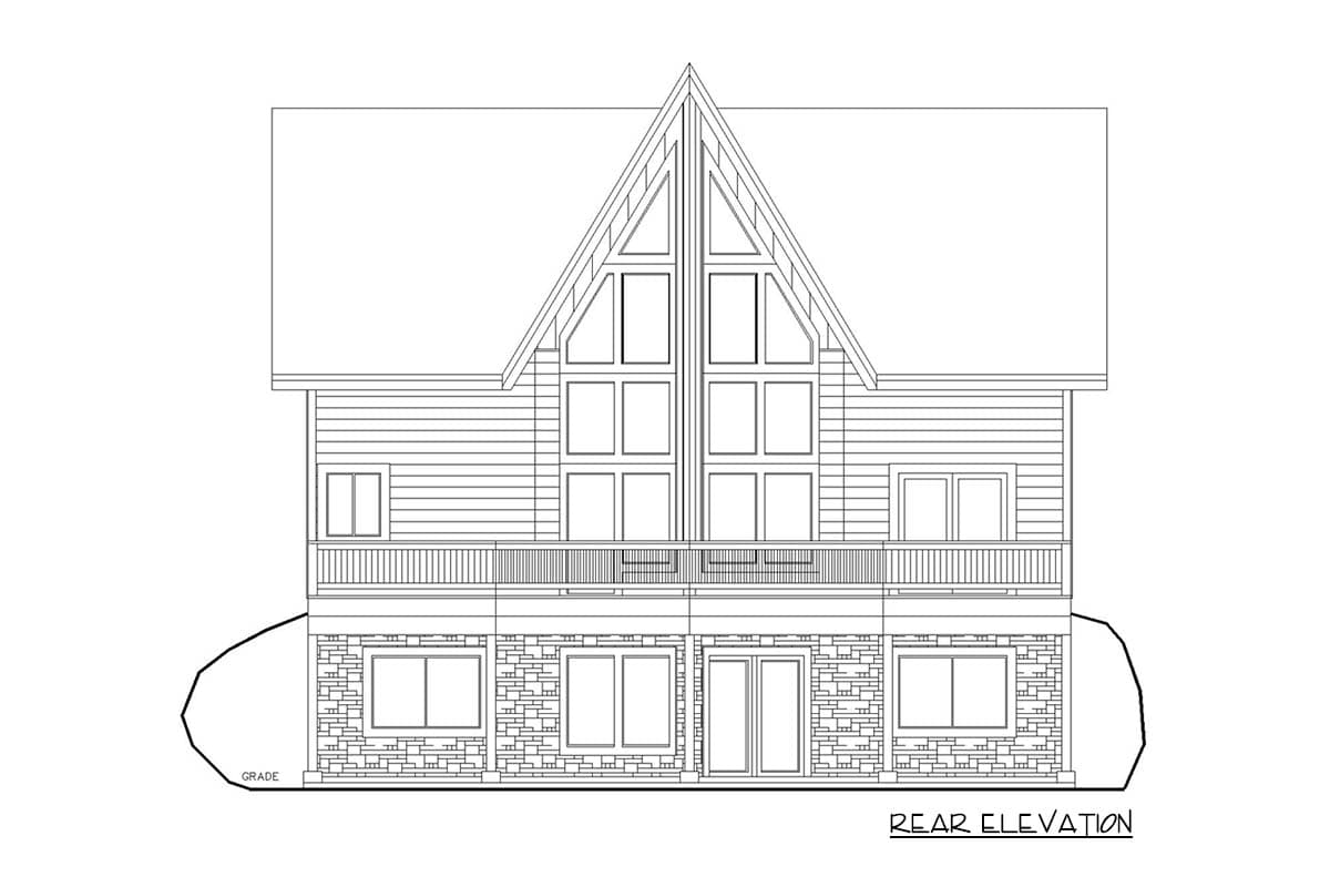 Rear elevation drawing of a house plan with a gable roof, large multi-pane windows, and a stone-clad lower level.