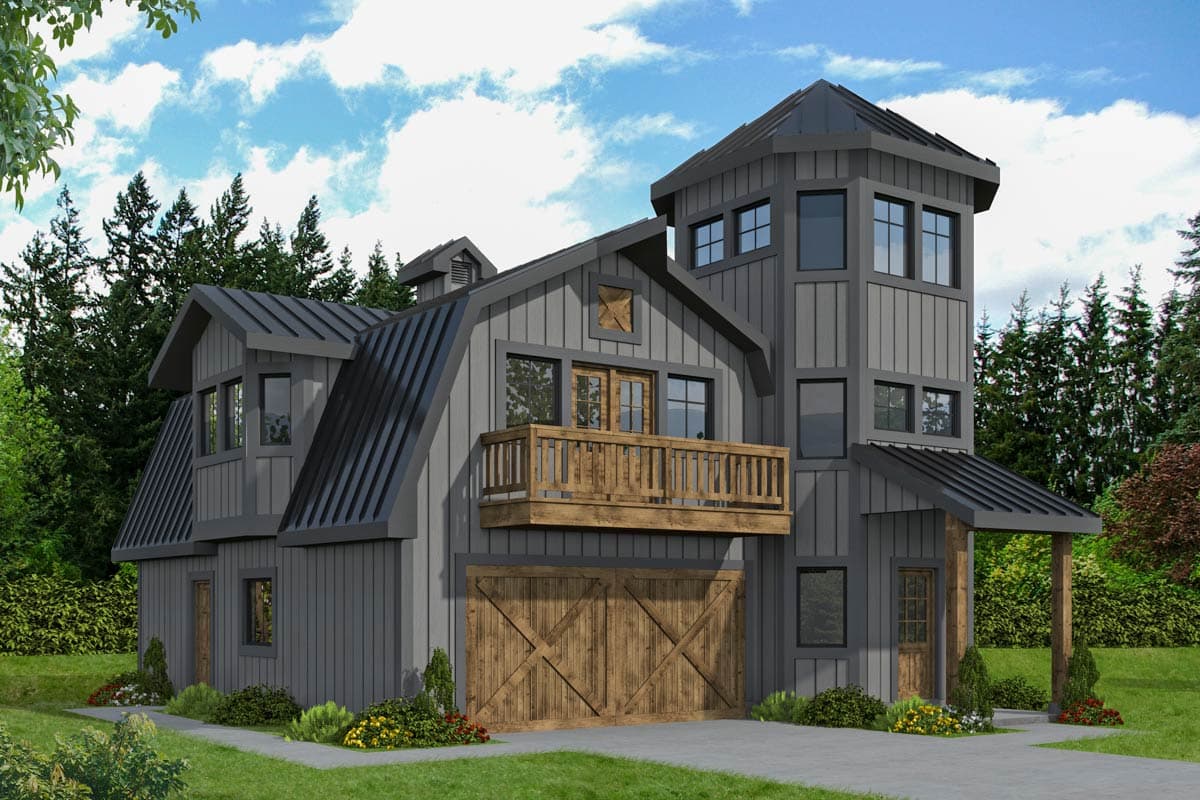 House plan exterior. Two-story barn-style house with board-and-batten siding, balcony, gable roof, cupola, and wood garage doors.
