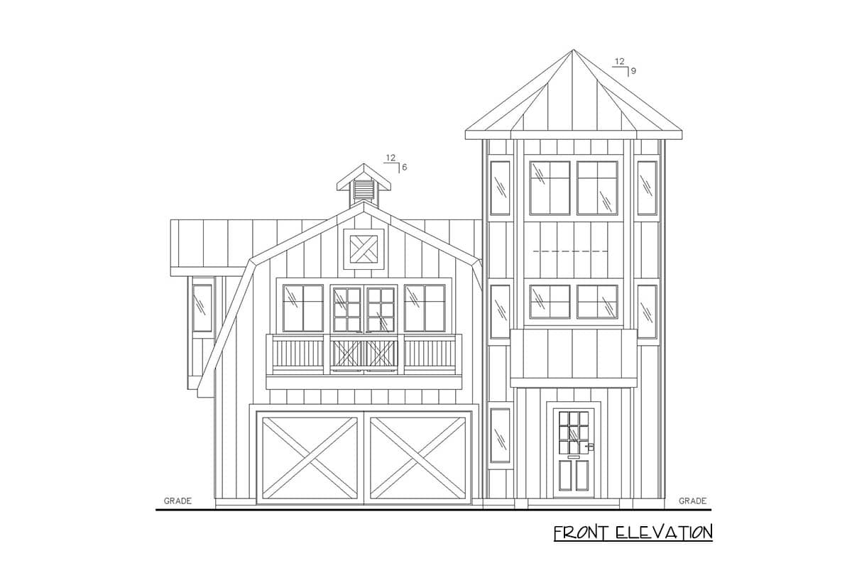 Front elevation drawing of a two-story house plan with a gambrel roof, prominent gables, a balcony, and a two-car garage.