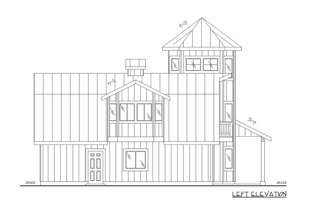 Left elevation house plan showing a multi-story structure with gables, a prominent tower, and a covered entry.