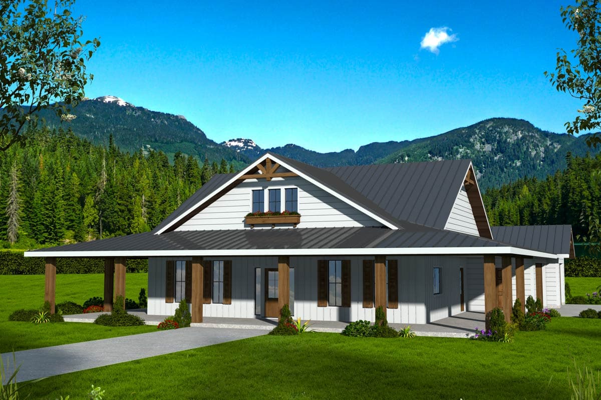 House plan exterior with metal roof, covered porch supported by columns, and a gabled dormer.  Mountain backdrop with landscaping.