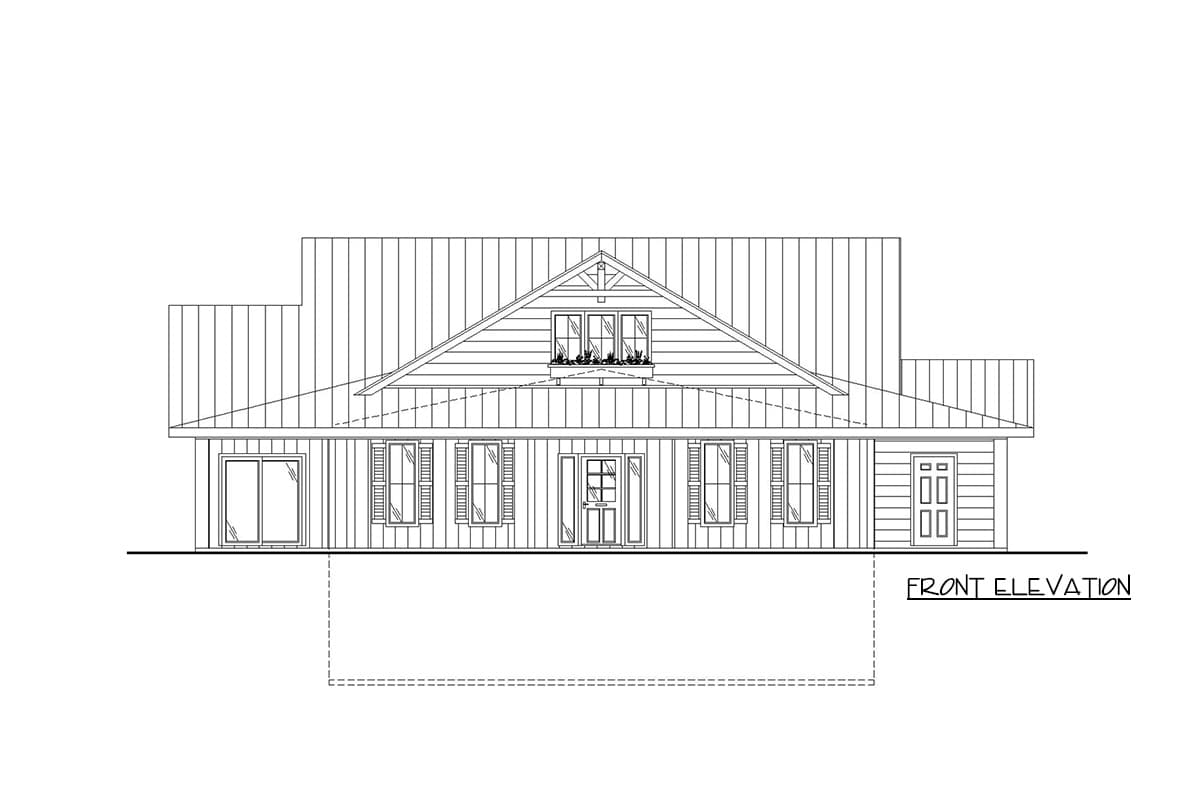 Front elevation drawing of a house plan featuring a gable roof, dormer window, covered porch, and multiple windows.