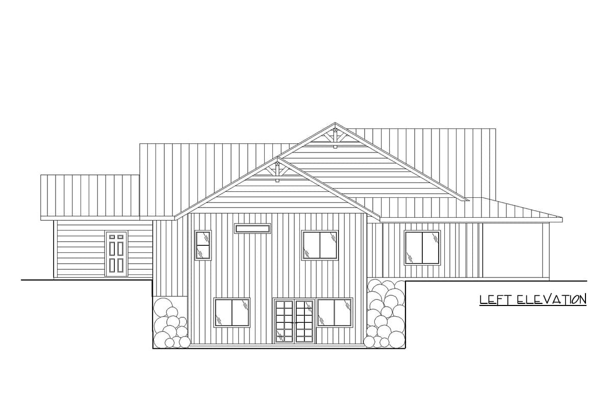 Left elevation drawing of a two-story house plan with gabled roof, multiple windows, and attached garage.