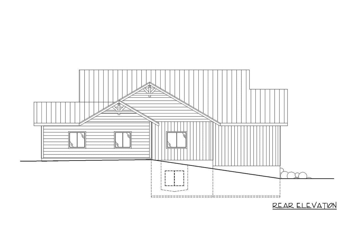 Rear elevation drawing of a house plan with gabled rooflines, horizontal siding, and a partial basement.