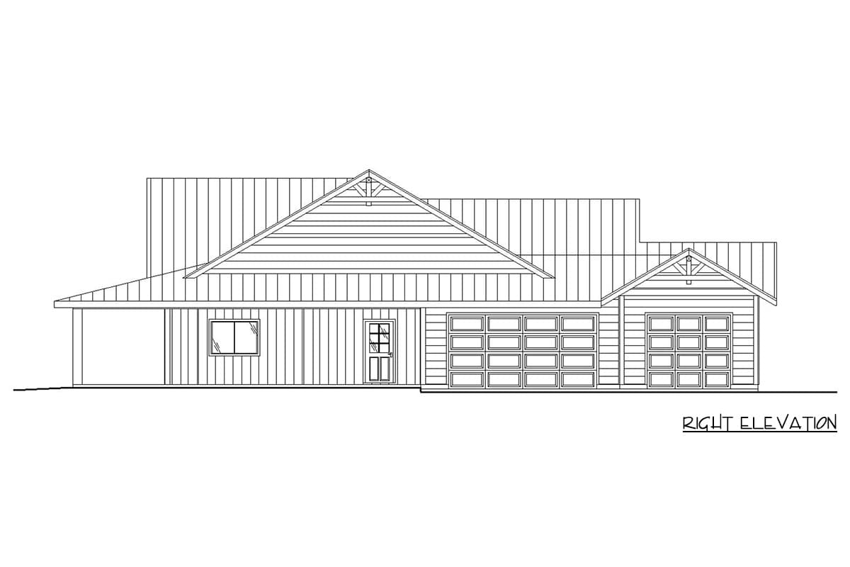 Right elevation house plan showing a single-story home with a gable roof, attached garage with three doors, and a covered entry.