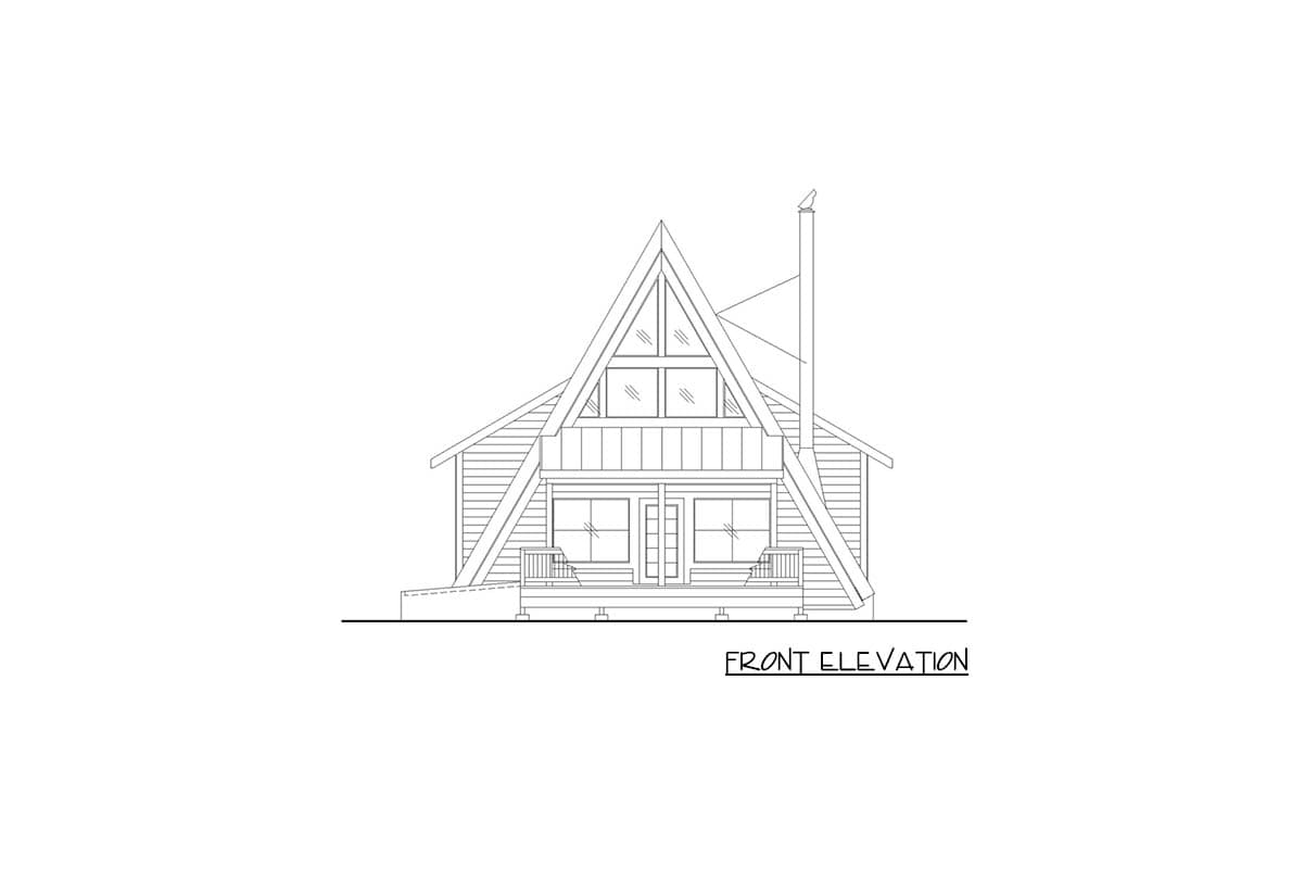 Front elevation drawing of a-frame house plan with large front windows, porch, and prominent gable.