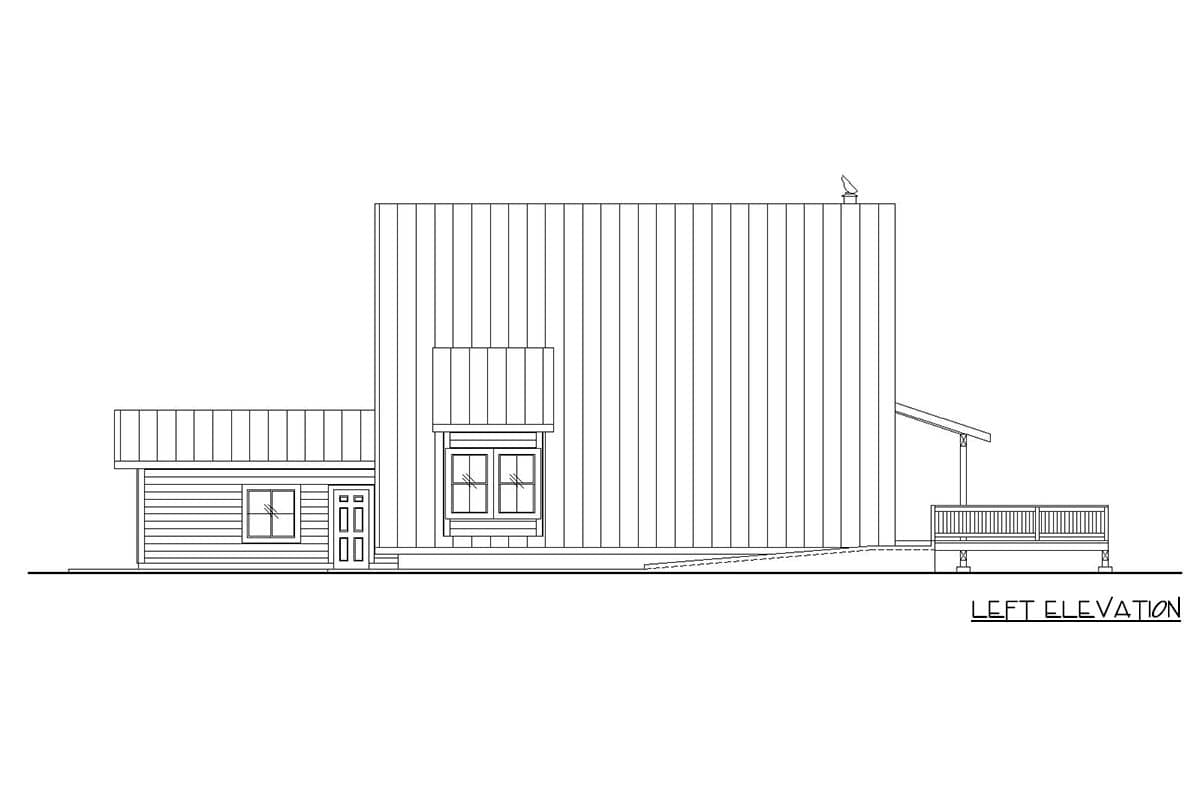 Left elevation of a house plan showing a large vertical siding structure with a smaller attached section, windows, and a deck.