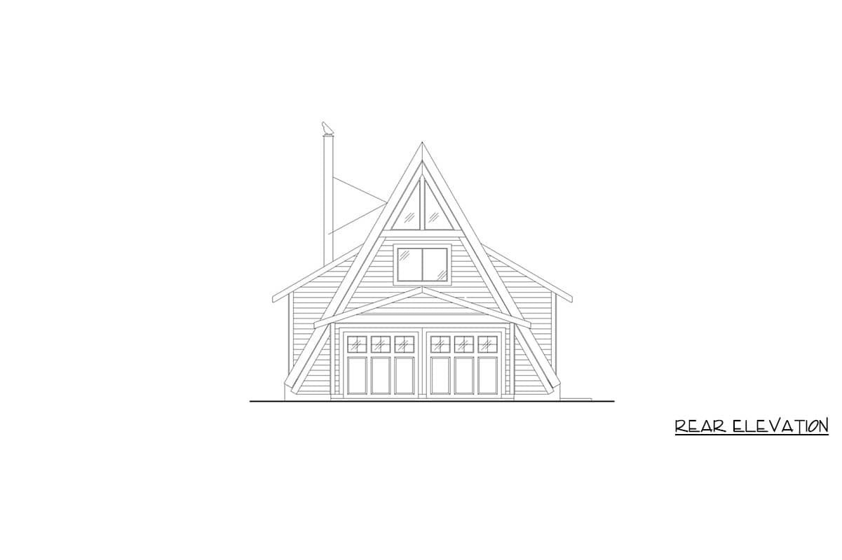 Rear elevation drawing of an A-frame house plan with a prominent gable, a chimney, a second-story window, and two double garage doors.