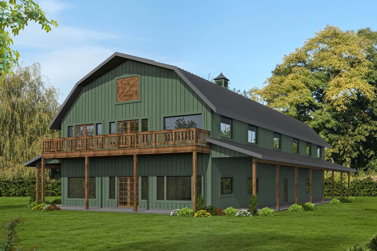 House plan exterior. Two-story barn-style home with a wraparound porch, balcony, and gabled roofline.