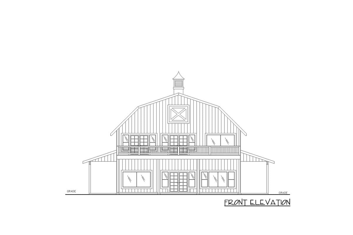 Front elevation drawing of a two-story barn-style house plan with a cupola, balcony, and multiple windows.