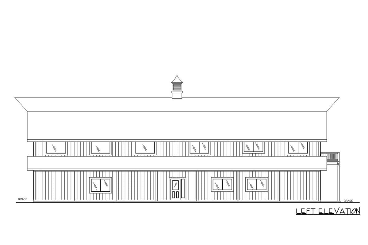 Left elevation drawing of a two-story house plan with a hip roof, cupola, double door, and multiple windows.