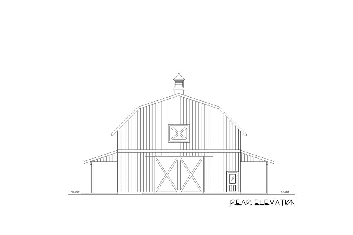 Rear elevation drawing of a barn with gambrel roof, large double doors, a small door, and a cupola.