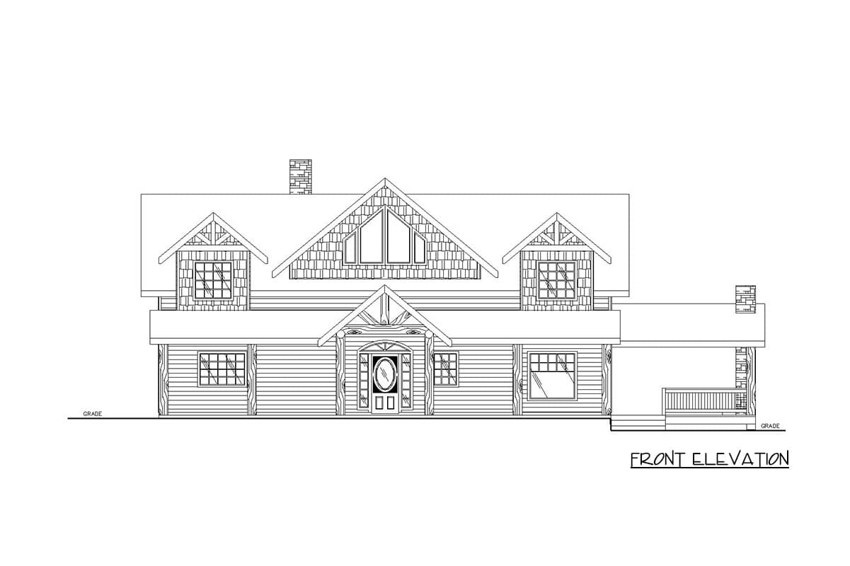 Front elevation drawing of a two-story house with a prominent gable, large dormers, and a covered front porch.