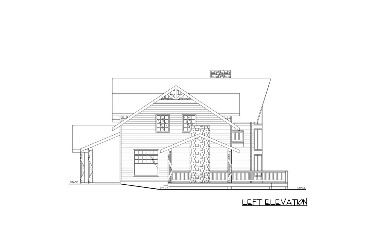 Left elevation house plan showing a two-story home with gabled roof, stone chimney, covered porch, and attached garage.