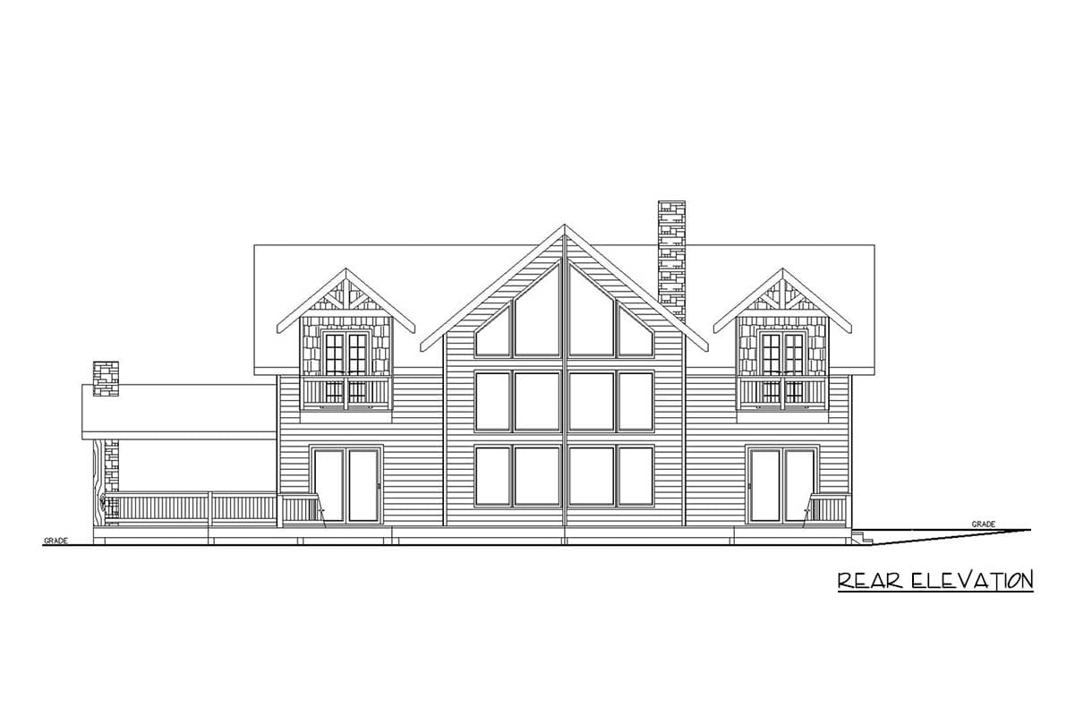 Rear elevation house plan with a large central gable, multi-story windows, two dormer balconies, and a wraparound porch.