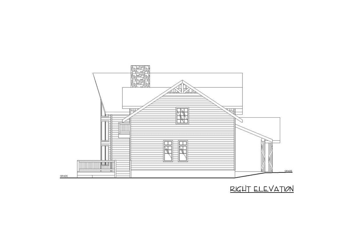 Right elevation house plan showing clapboard siding, gable end with exposed rafter tails, dormer, chimney, and deck.