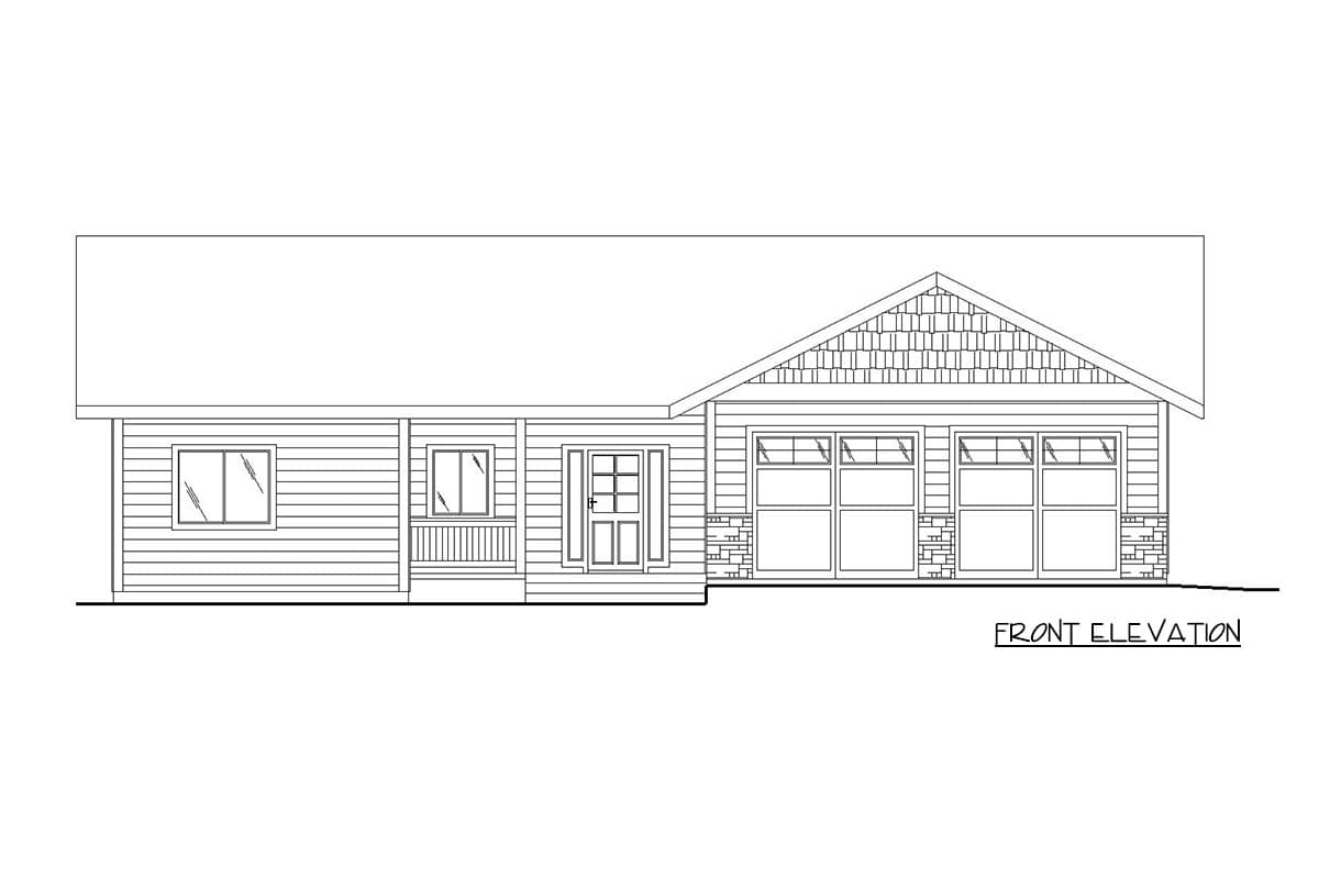 Front elevation drawing of a one-story house with a covered porch, double garage, and gabled dormer.