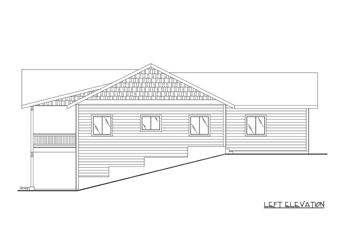 Left elevation drawing of a house plan with a gabled roof, shingled gable, and covered porch.