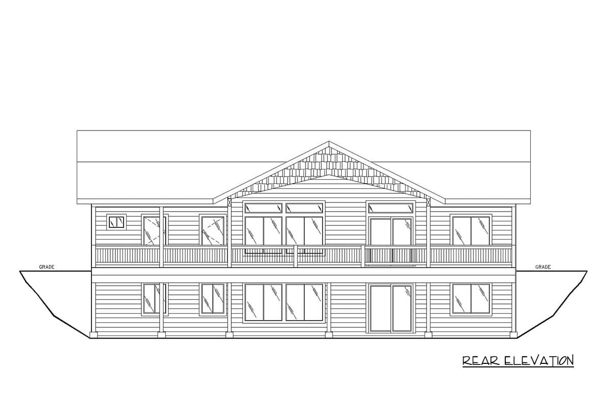 Rear elevation house plan showing two stories, horizontal siding, large windows, and a covered porch.