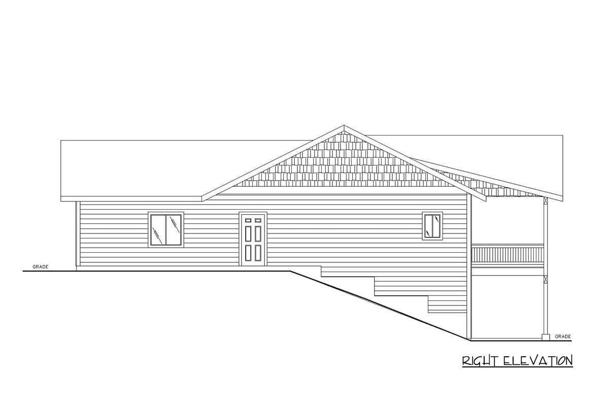 Right elevation house plan showing a single-story structure with a gabled roof, horizontal siding, and a covered porch with railing.