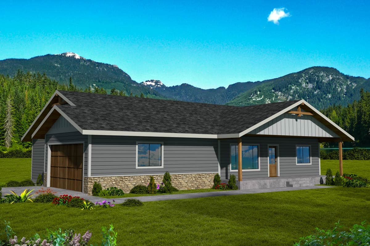 House plan exterior featuring a one-story, Craftsman-style home with gabled roof, covered porch, and attached garage with a wood door.