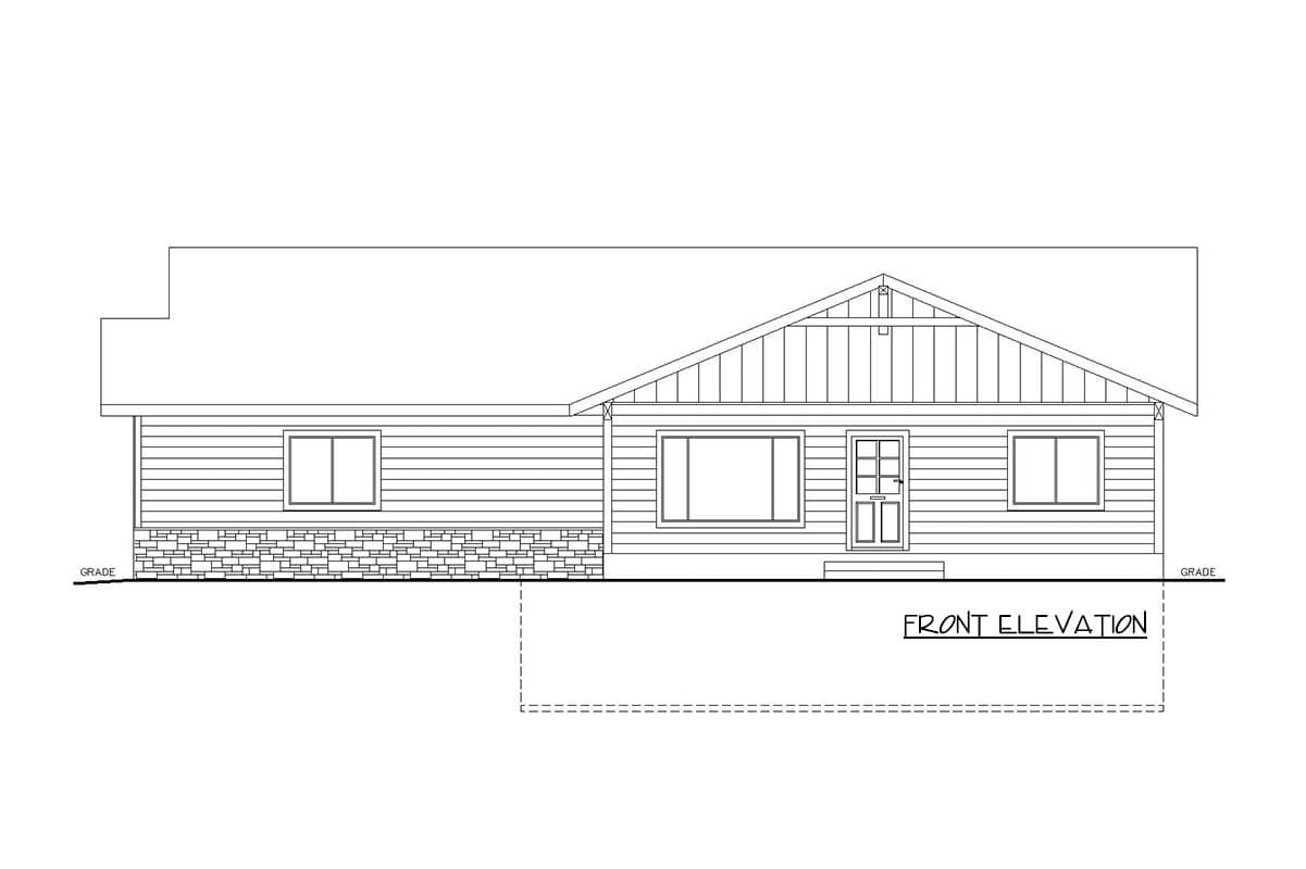 Front elevation drawing of a single-story house with horizontal siding, stone foundation, gable roof, and three windows.