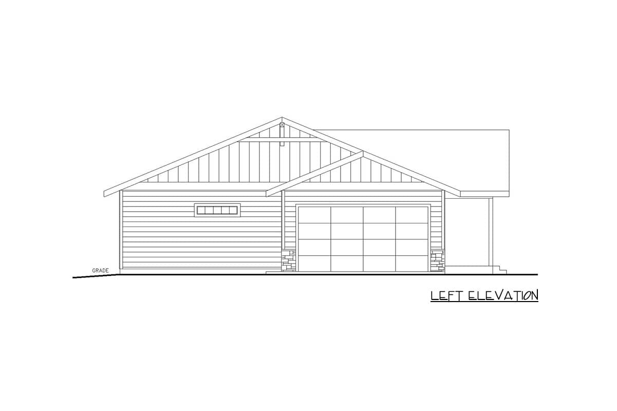 Left elevation house plan drawing with lap siding, gabled roof, and two-car garage.