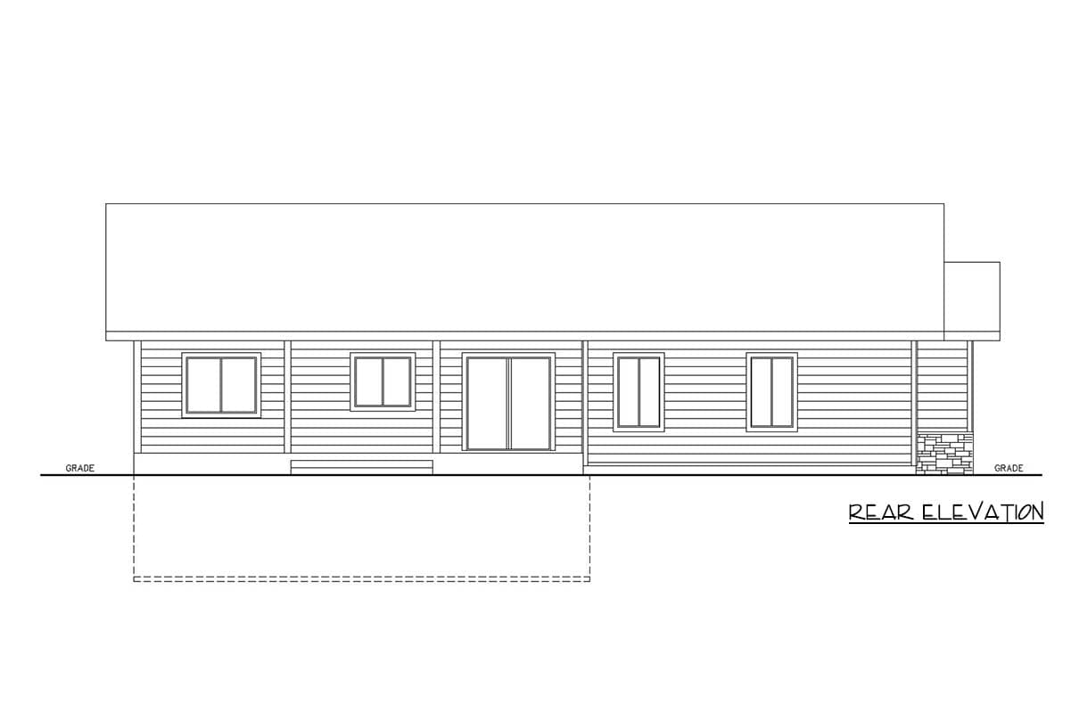 Rear elevation house plan shows a single-story building with horizontal siding, a central sliding door, and four windows.
