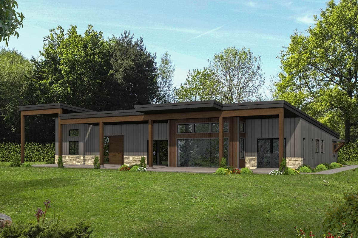House plan exterior. Modern style with one story, flat roof, and covered porch. Features include wood accents, stone accents, and large windows.