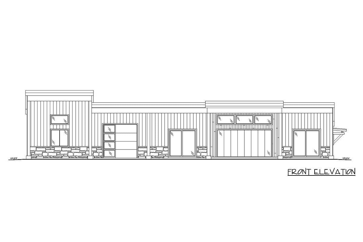 Front elevation drawing of a single-story house plan with a garage, large sliding glass doors, and stone accents.