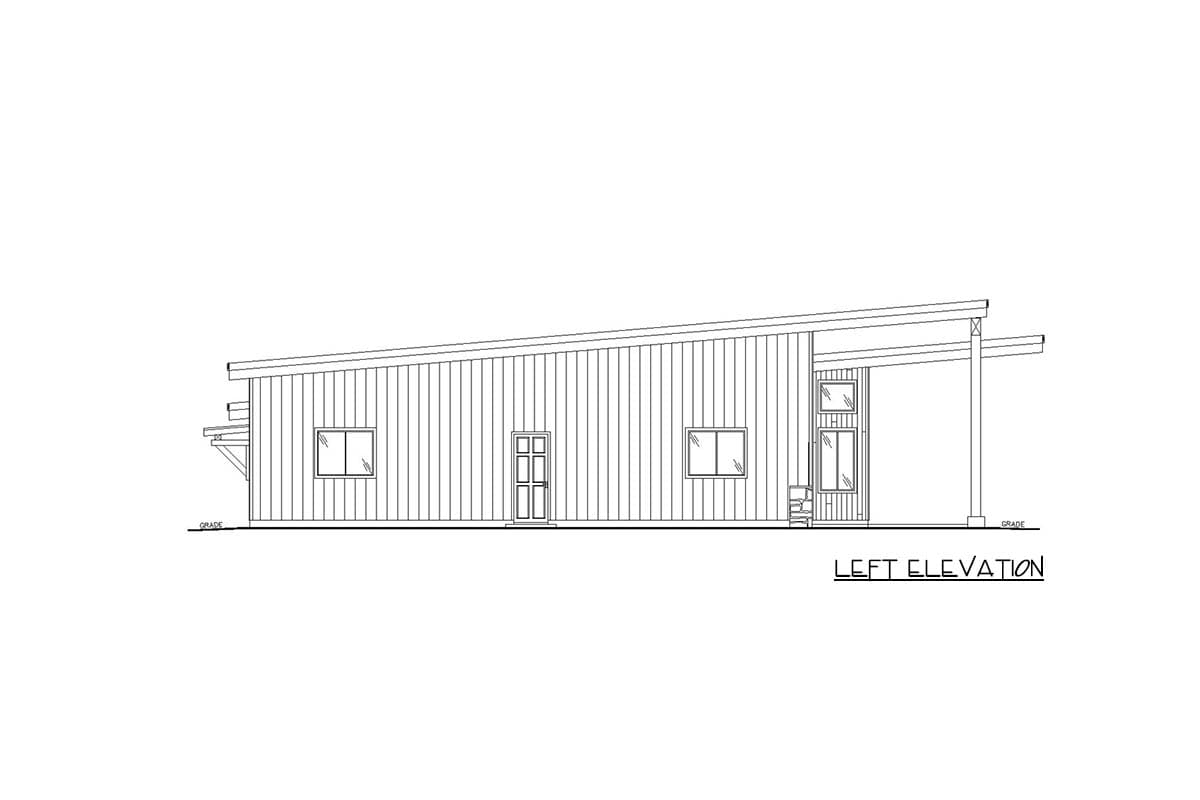 Left elevation drawing of a one-story house with a sloped roof, three windows, a double door, and a covered porch.