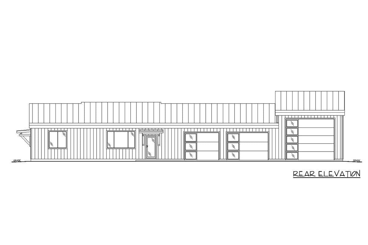 Rear elevation drawing of a single-story house plan with a multi-pane garage door and a covered entrance.