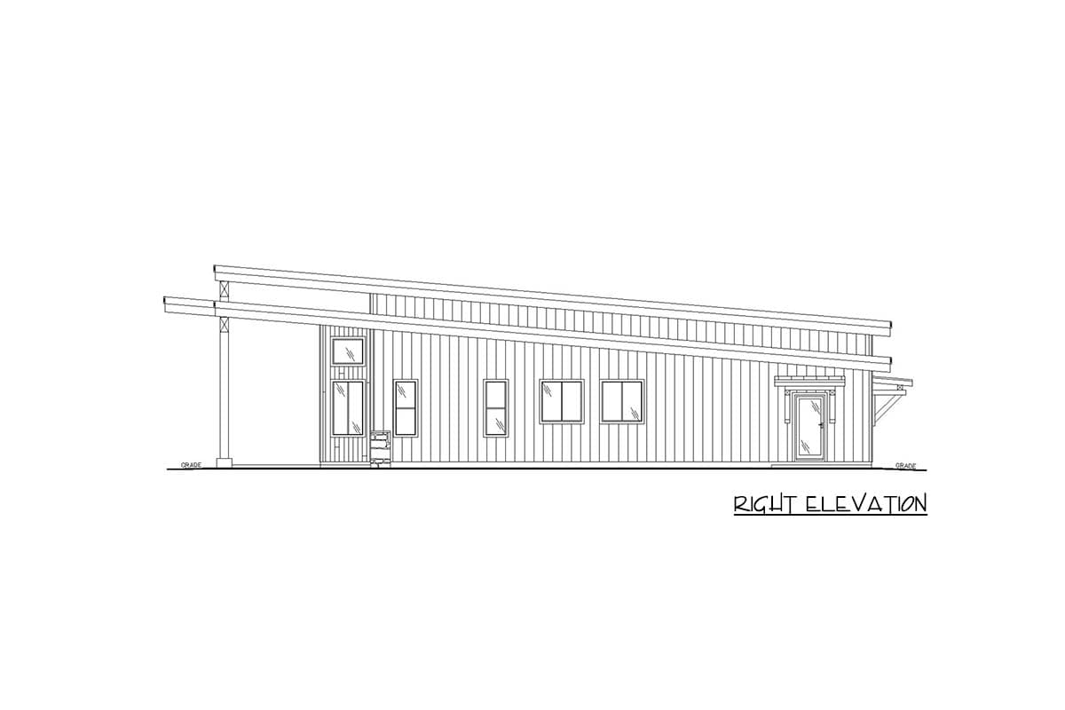 Right elevation drawing of a single-story house with a shed roof, vertical siding, and multiple windows.