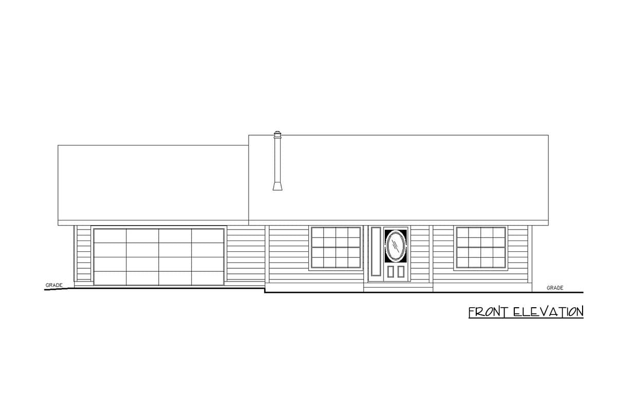 Front elevation drawing of a single-story house plan with attached garage, entry door, and windows.