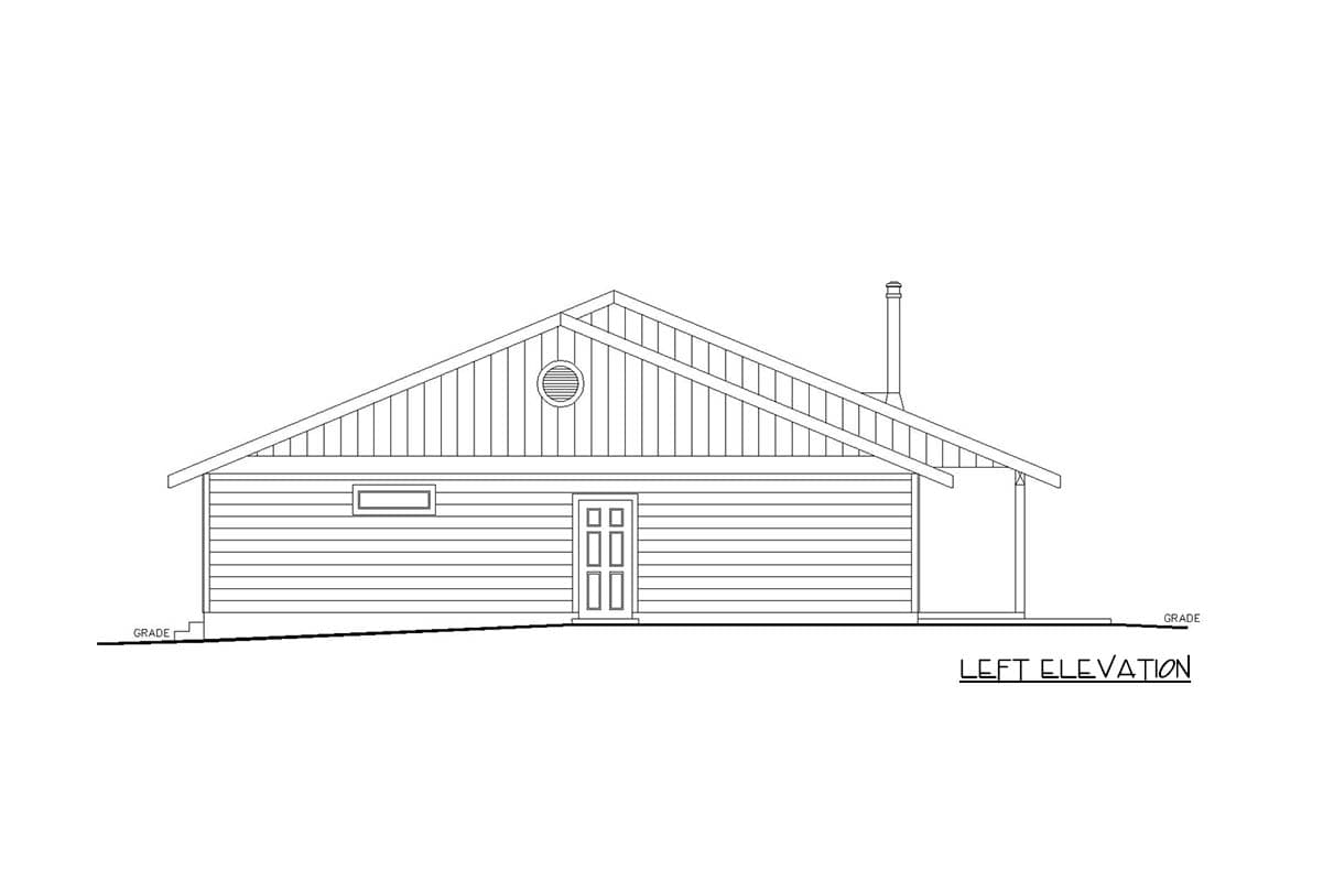 Left elevation of a house plan showing a single story with a gable roof, horizontal siding, a front door, a window, a round vent, and a porch.