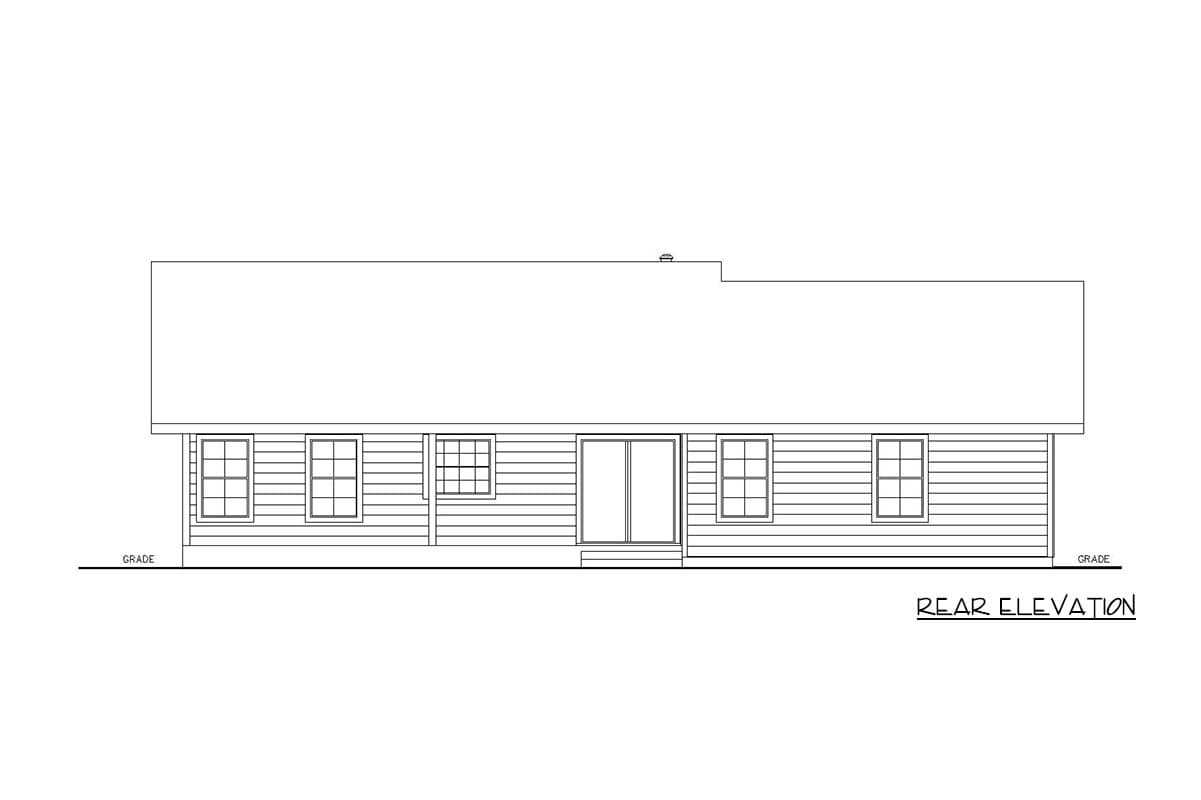 Rear elevation drawing of a one-story house plan with horizontal siding, multiple windows, and sliding glass doors.