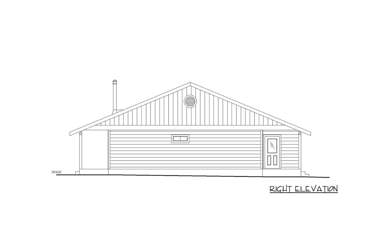 Right elevation of a single-story house plan with a gable roof, covered porch, single window, and a front-facing door.