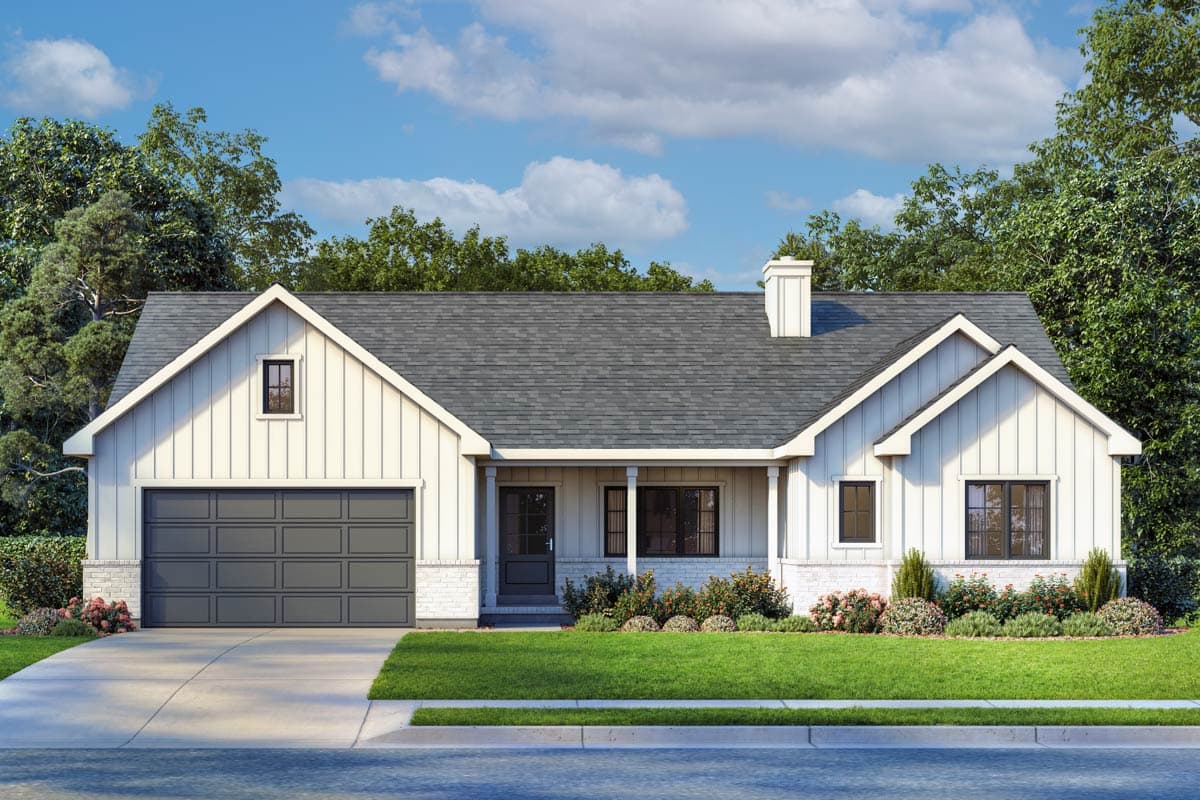 House plan exterior: One-story farmhouse with a front-facing garage, gables, and a covered porch. White siding with dark roof and trim.