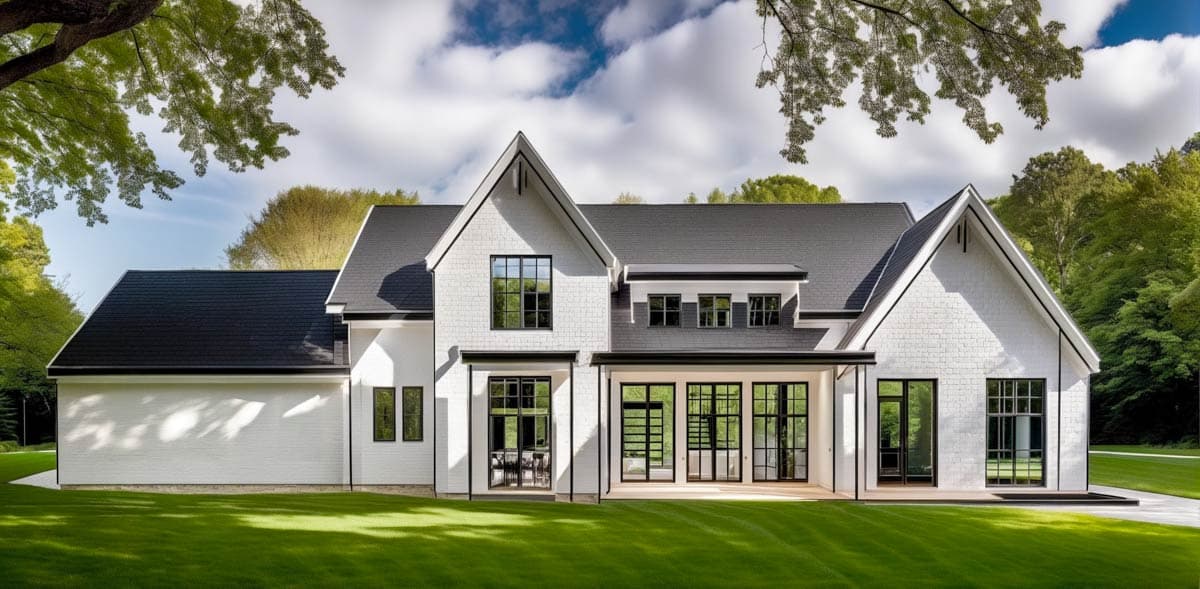 Modern Farmhouse house plan exterior with white brick, gabled rooflines, and large grid windows.