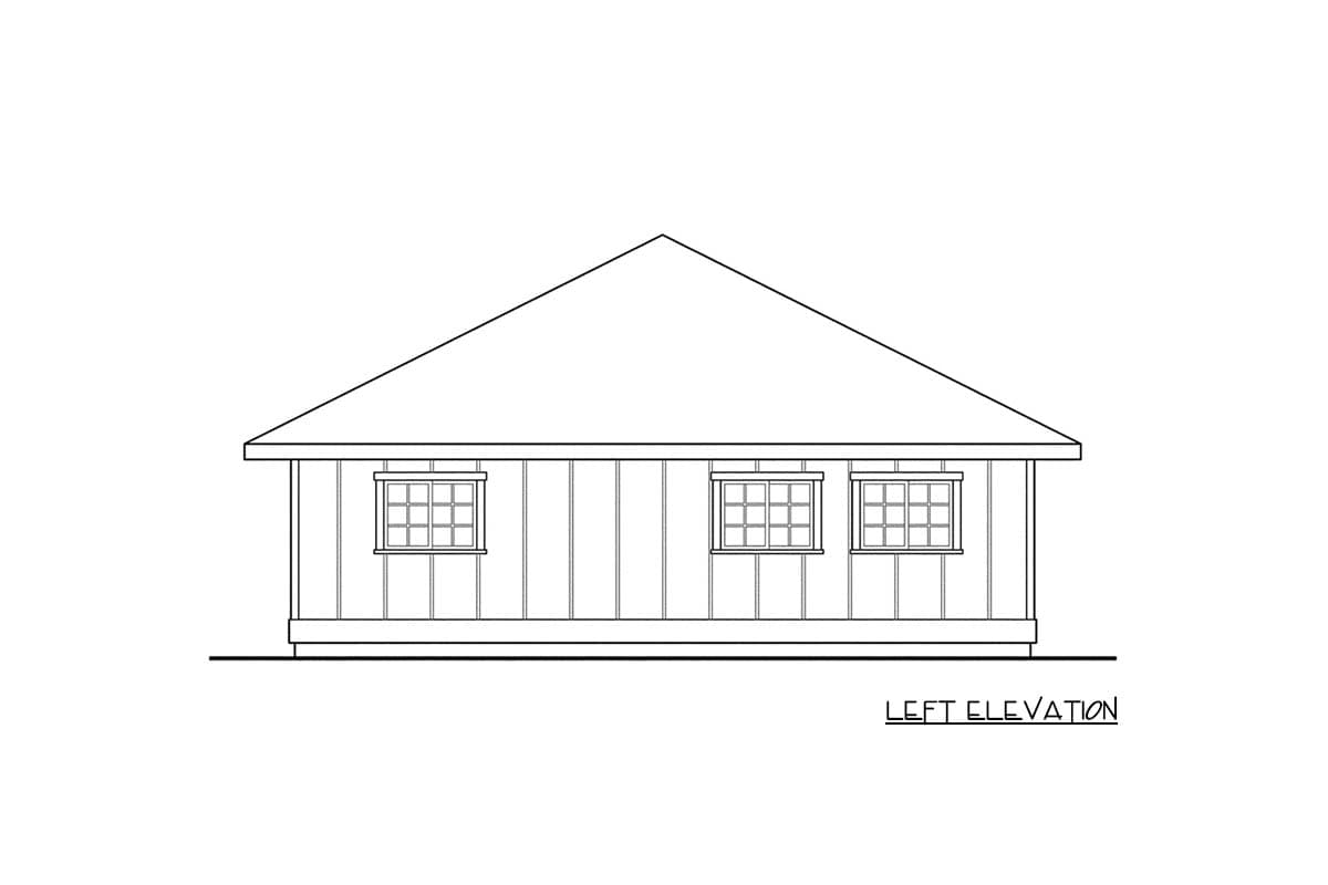 Left elevation drawing of a single-story house plan with a gable roof and four windows.