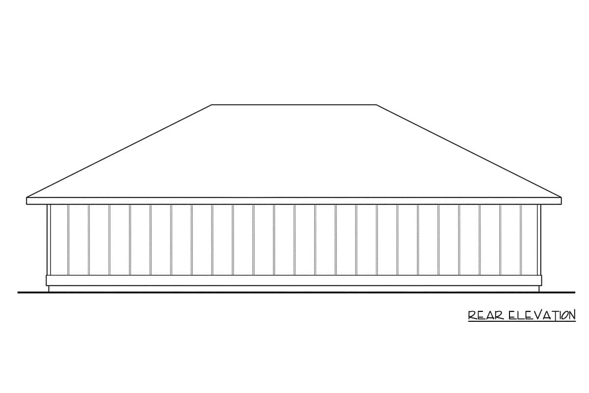 Rear elevation drawing of a house plan featuring a low-pitch hip roof and a continuous band of windows.