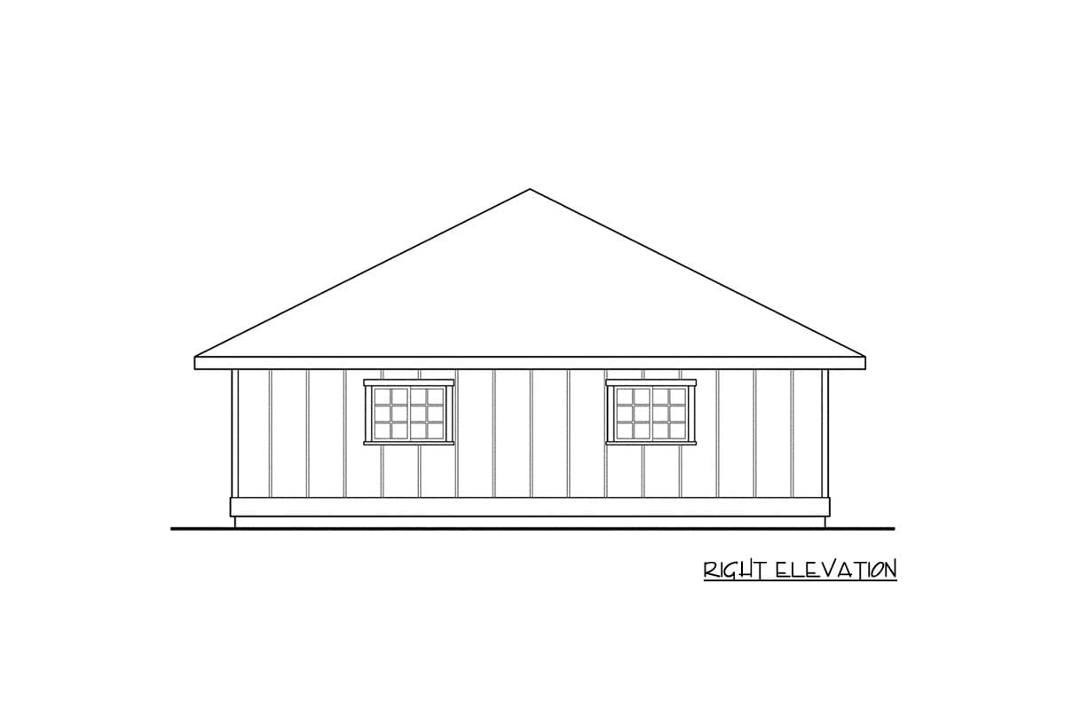 Right elevation house plan drawing showing a single-story structure with a gable roof and two multi-pane windows.