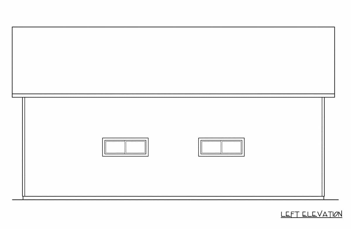 Left elevation drawing of a house plan showing a simple rectangular structure with two horizontal windows and a sloped roof.