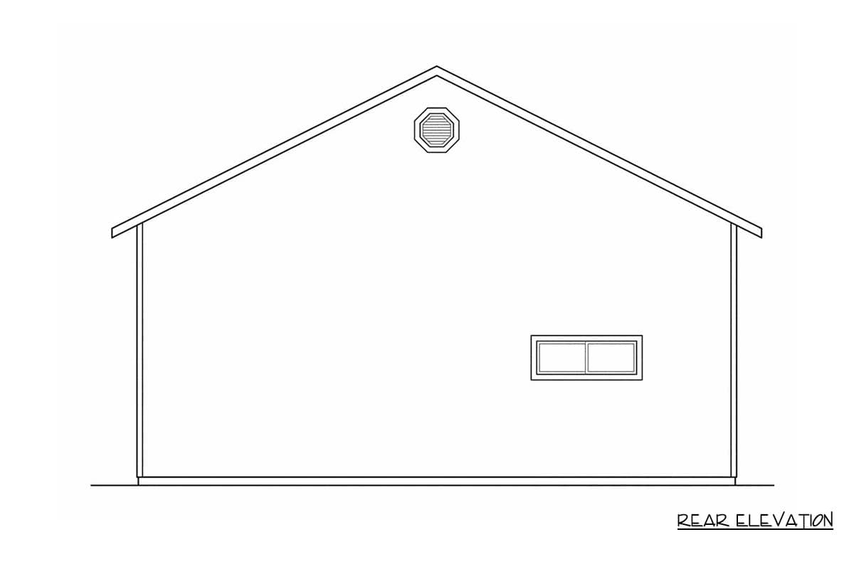 Rear elevation drawing of a house plan with a gable roof, octagonal vent, and a double-casement window.