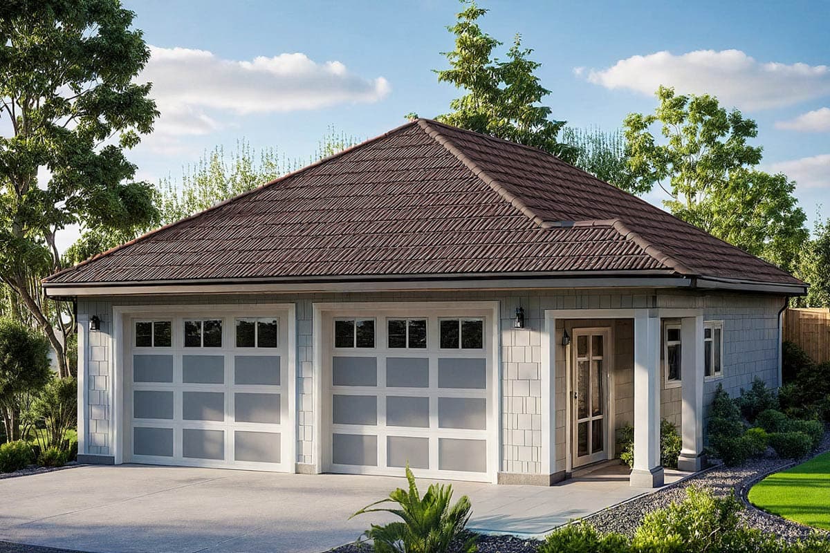 House plan exterior with two-car garage, shingle siding, and gabled roof. Features include an entry porch and craftsman-style garage doors.