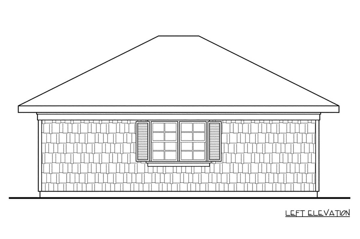 Left elevation house plan: single-story, hip roof, shingle siding, and a double window with shutters.