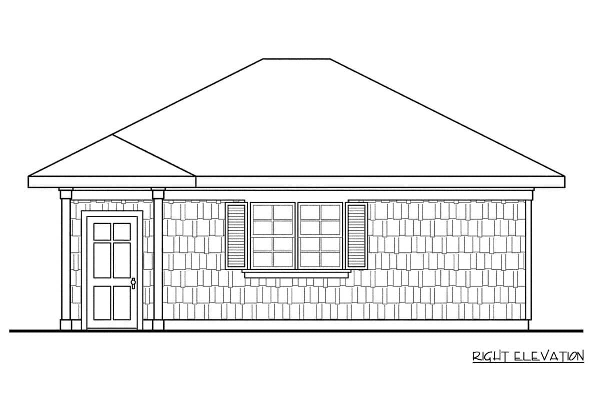 Right elevation house plan with shingle siding, a single door, and a double-window with shutters. Sloped roofline.