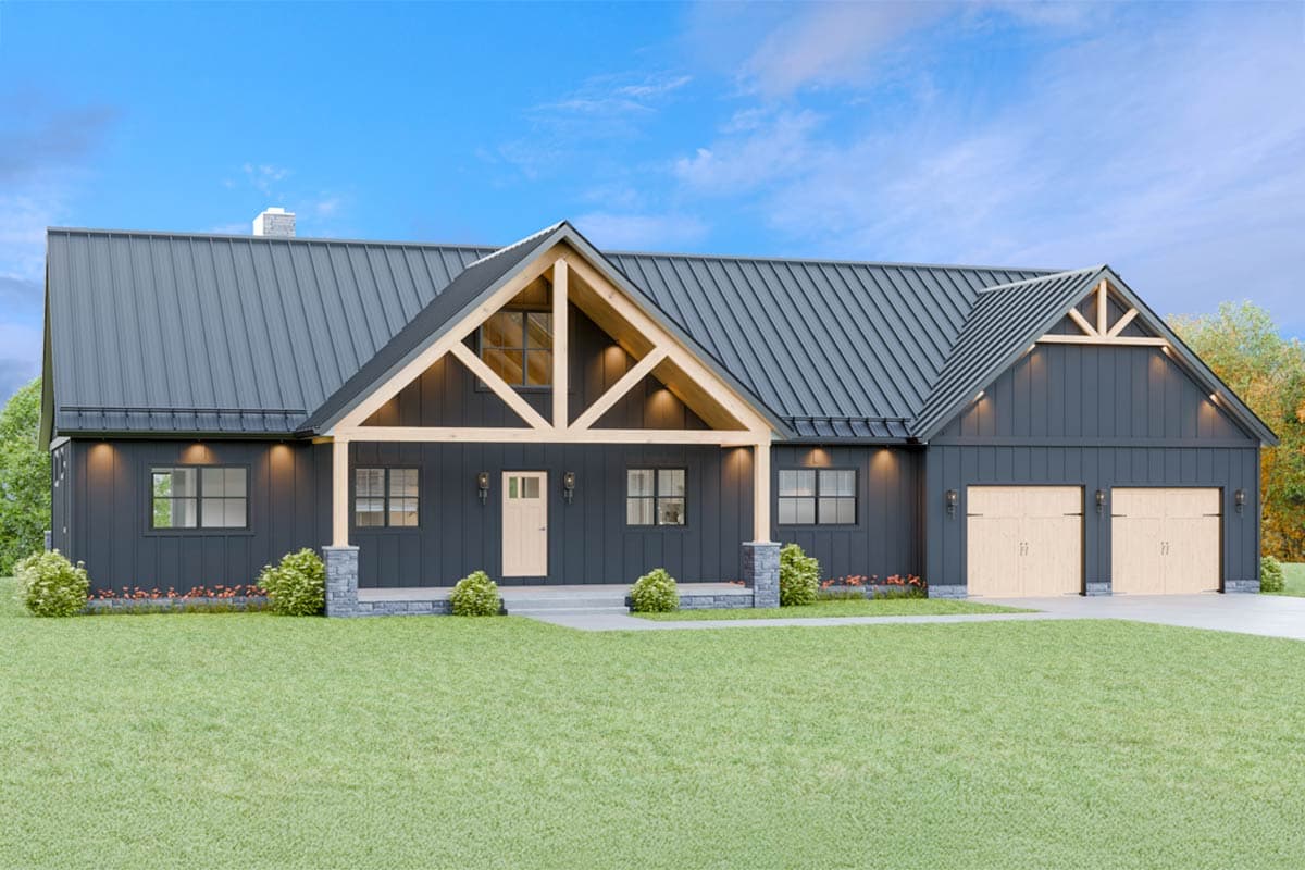 House plan exterior with board and batten siding, metal roof, and exposed gable trusses. Features covered porch and attached garage.