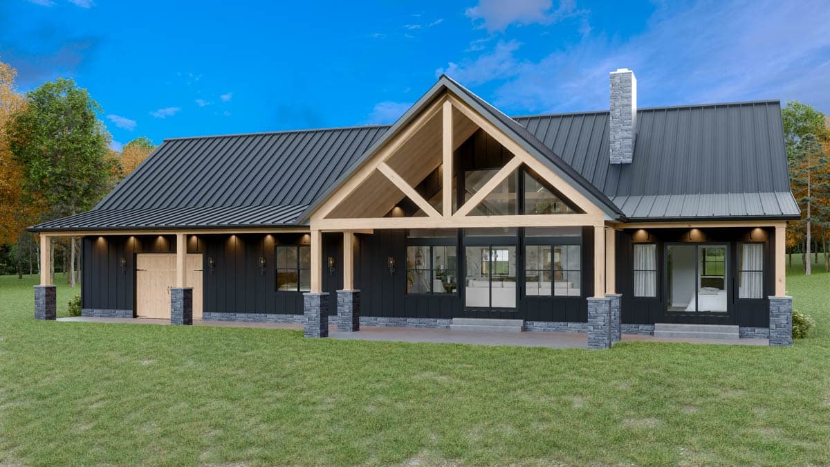 Modern house plan exterior featuring a metal roof, large gable with exposed beams, covered porch with wood posts, and stone accents.